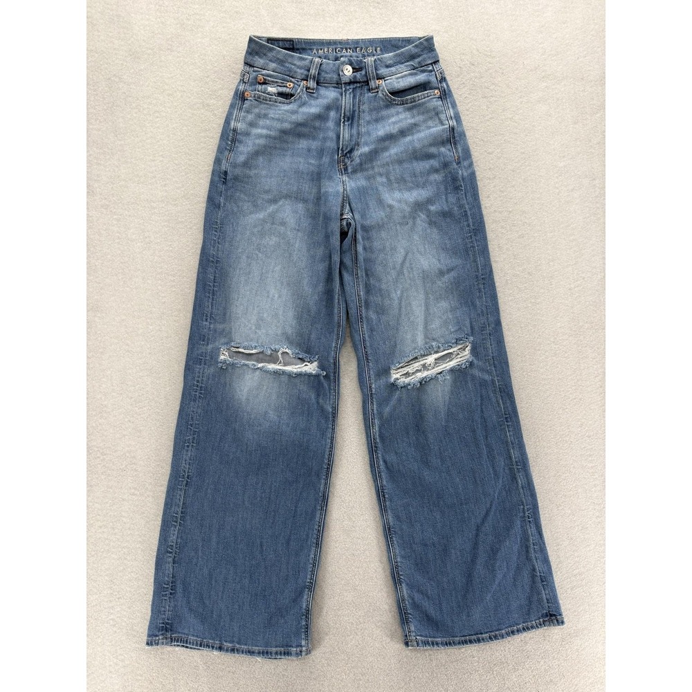 American Eagle Curvy Super Hi-Rise Baggy Wide Leg Jeans Womens 0 Blue Distressed